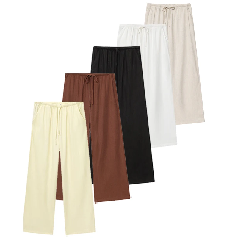 HXAO 2025 pantalons pour femmes été élégant lin Baggy pantalon noir jaune blanc Beige marron pantalon décontracté jambe large taille haute pantalon