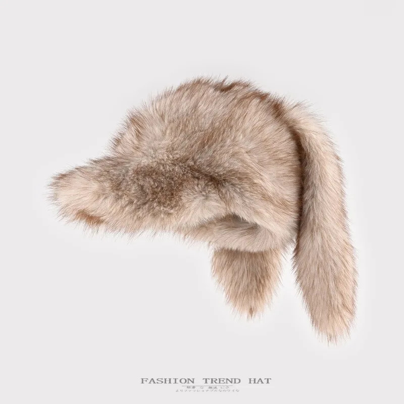 Unisex Winter Rabbit Ear Plush Warm Ear Cover Faux Mink Newsboy Hat