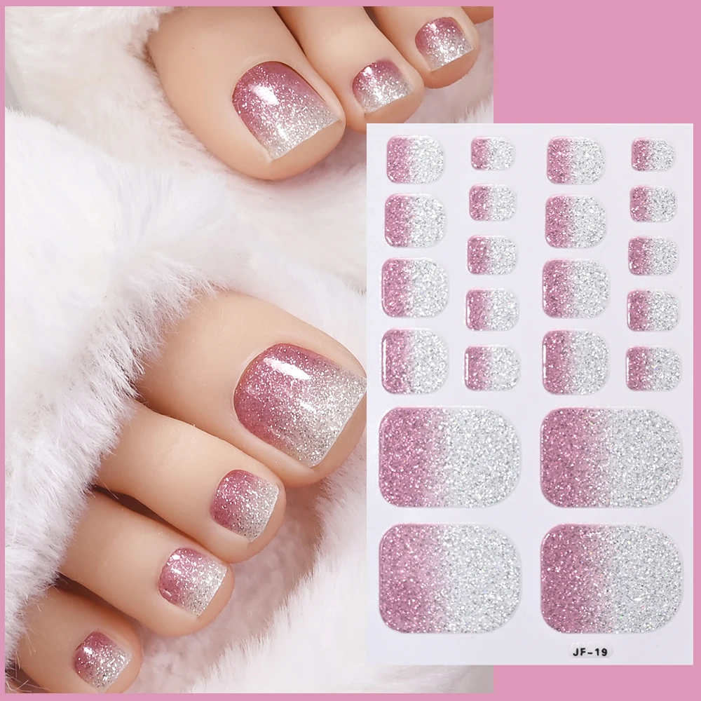 22tips Gradient Glitter Toe Nail Polish Strips Shiny Self-Adhesive Gel Toe Nail Stickers Full Wrap Baking Free Toe Nail Strips
