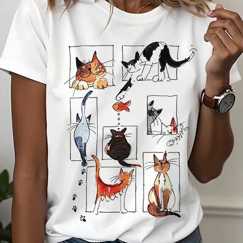 Women's T-shirt Hand Drawn Cat Fish Print Round Neck Short Sleeve Summer Casual Trendy Daily Wear Ladies Clothing