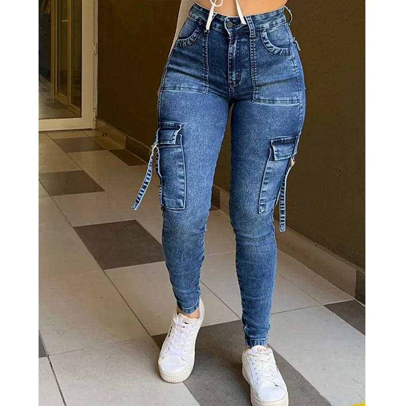 Calça jeans feminina de cintura alta e skinny, moda casual de legging, streetwear Y2K, jeans, Hip Lift, bolso, novo