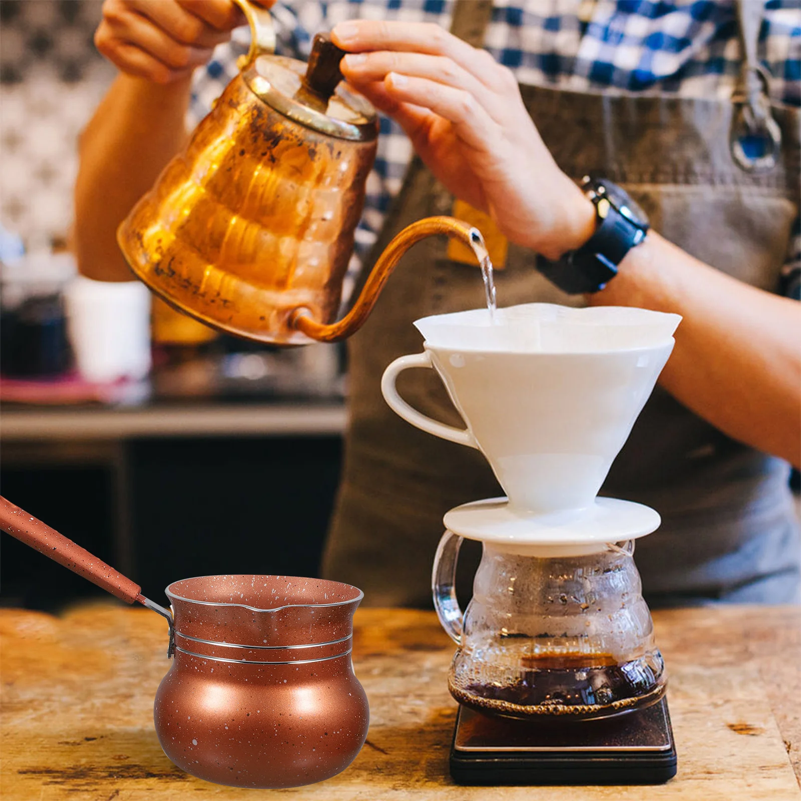 

Milk Pot Nonstick Saucepan Kitchen Cooking Pot Food Heating Pan Ceramic Texture Long Handle Spout Design Milk Warmer