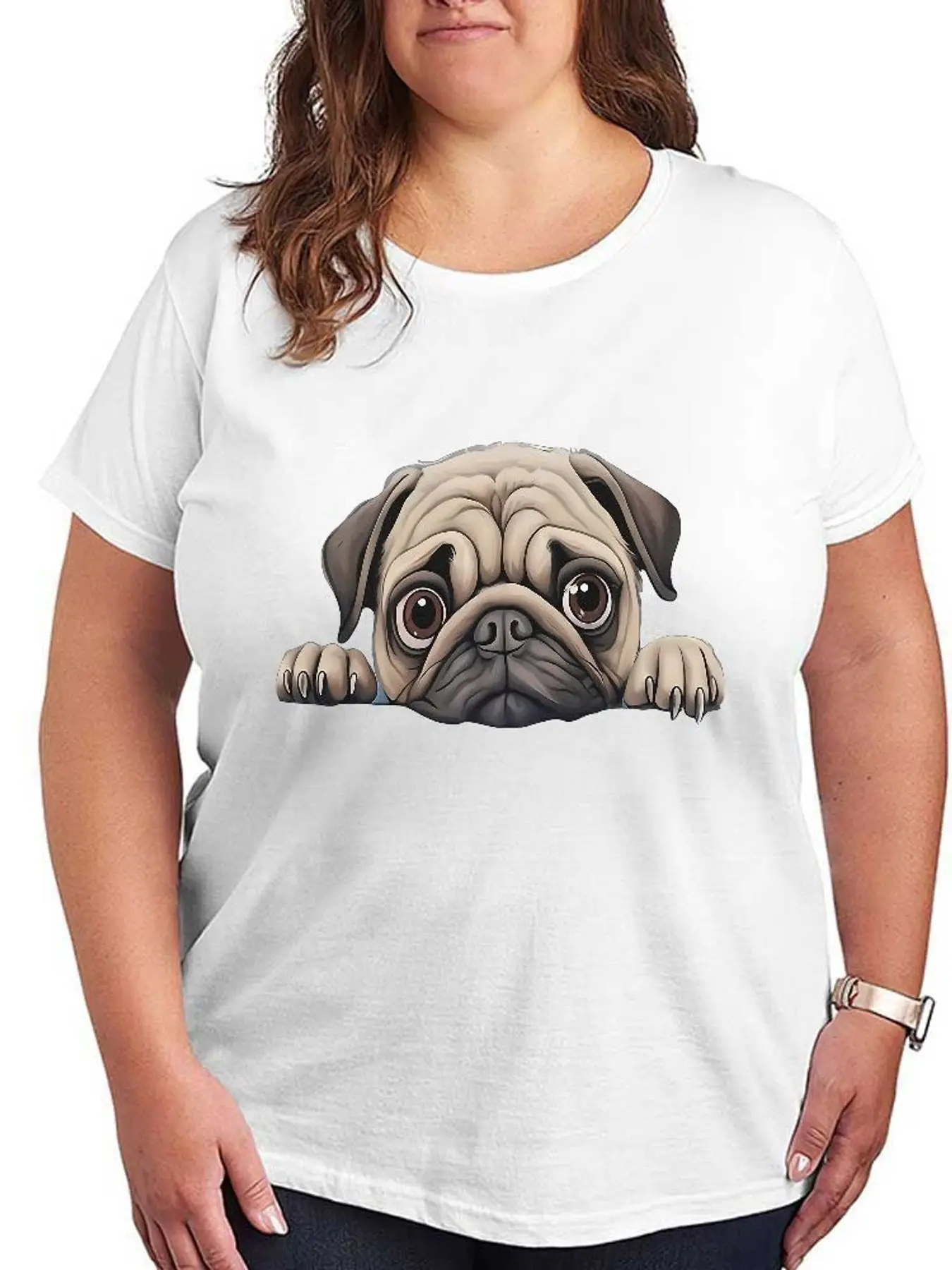 Cute Pug Dog Graphic T Shirt Women Fashion Stretchy Tops Plus Size Casual Short Sleeve Loose Fitting Soft Cotton Tee Clothes