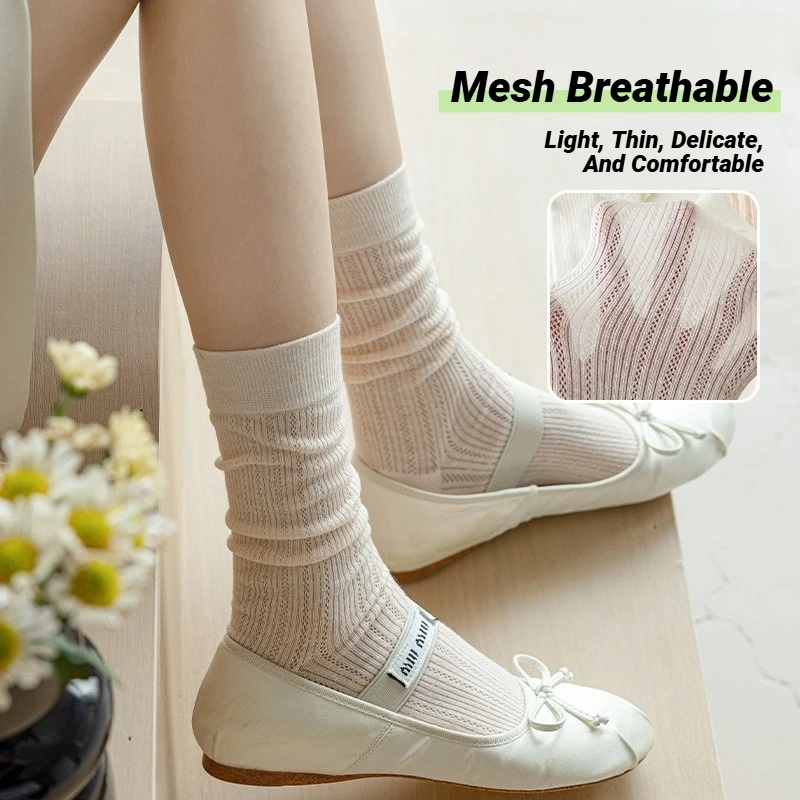 Women Thin Hollow Out Long Loose Socks Jk Lolita Sweet Girls Japanese Solid Color Breathable Cotton Spring Summer Stocking