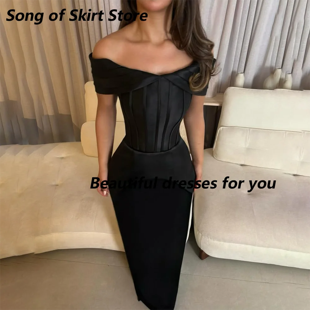 

Black Formal Party Dress Off The Shoulder Pleat Corset Satin Straight Cocktail Prom Dress Floor Length Evening Gown Customized