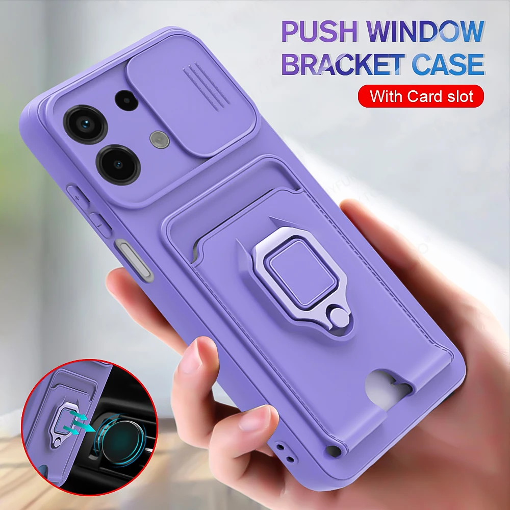 Luxury Camera Push Window Case For Xiaomi Redmi Note 13 12 11 10 Pro Plus For Redmi 13C 12C 10C Magnetic Card Slot Phone Cover