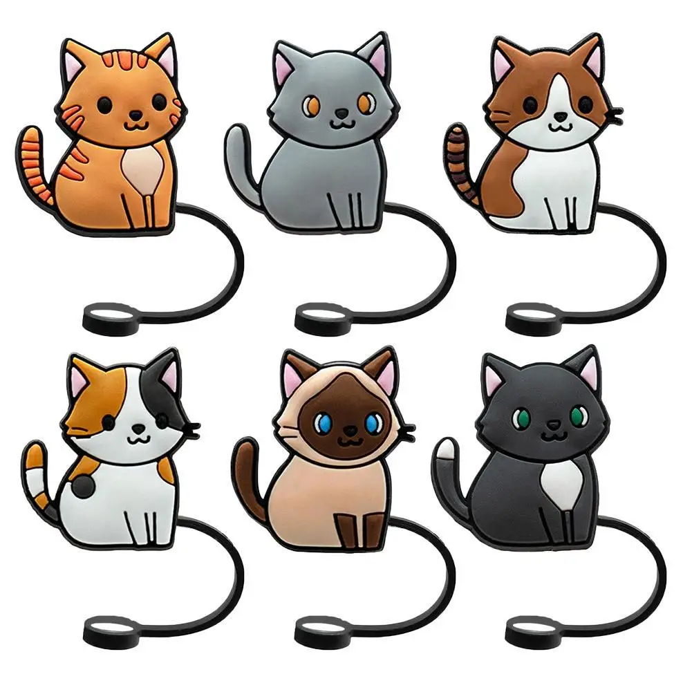 6PCS Cartoon Cute Cat Straw Tips Cover Splash Proof Dust-proof Reusable Straw Cover Straw Accessories 7mm-8mm