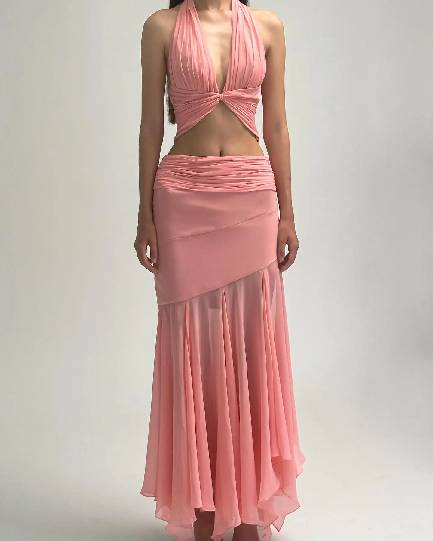 Custom Made Pink Pleated Chiffon Skirt Asymmetrical High Waist Long Women Holiday Beach Skirt Birthday Party Wear Formal Skirt