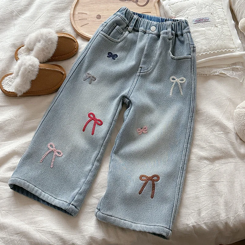 2025 Girls' Winter Hot Sale: Austenitic Fleece Warm Thick Versatile Elastic Waist Bow Jeans
