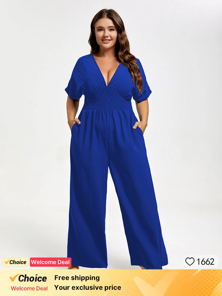 

Plus Sized Clothing Shirred Waist Tie Back Dolman Sleeve Jumpsuit Women Summer Casual Pocket Wide Leg Pants Office Jumpsuit