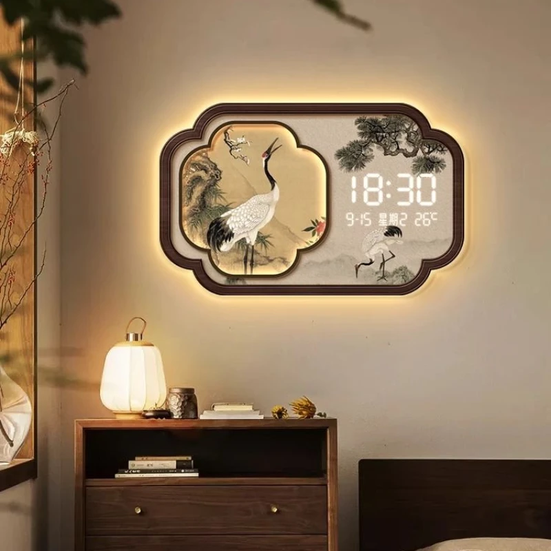 Ancient style table clock hanging wall clock living room crane perpetual calendar electronic clock decorative painting