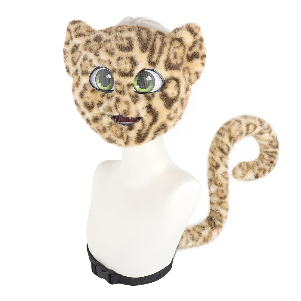 Halloween Simulation Leopard Print Mask Cos Leopard Plush Tail Full Face Mask Leopard Cat Stage Performance Props