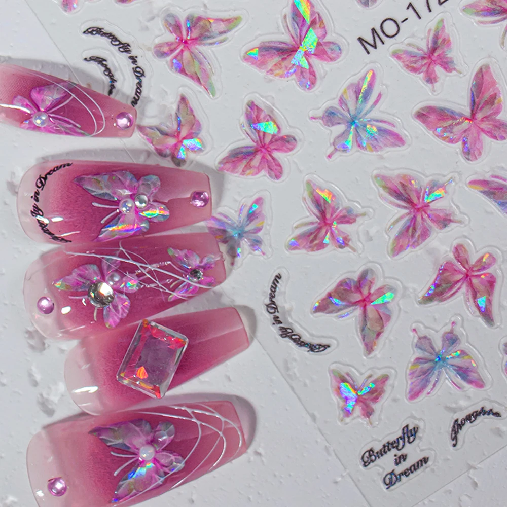 5D Aurora Crystal Diamond Butterfly Nail Art Sticker With Shell Laser Butterfly Nail Decal 8*10cm Glitter Butterfly Nail slider