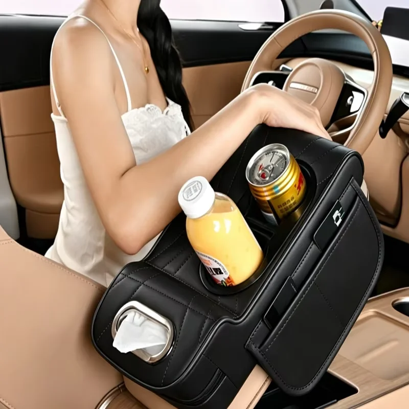 Car Center Armrest Box Multi-Function 4-in-1 High-End Sensation Elevator Pad with Tissue Holder And Cup Holder Vehicle Accessory