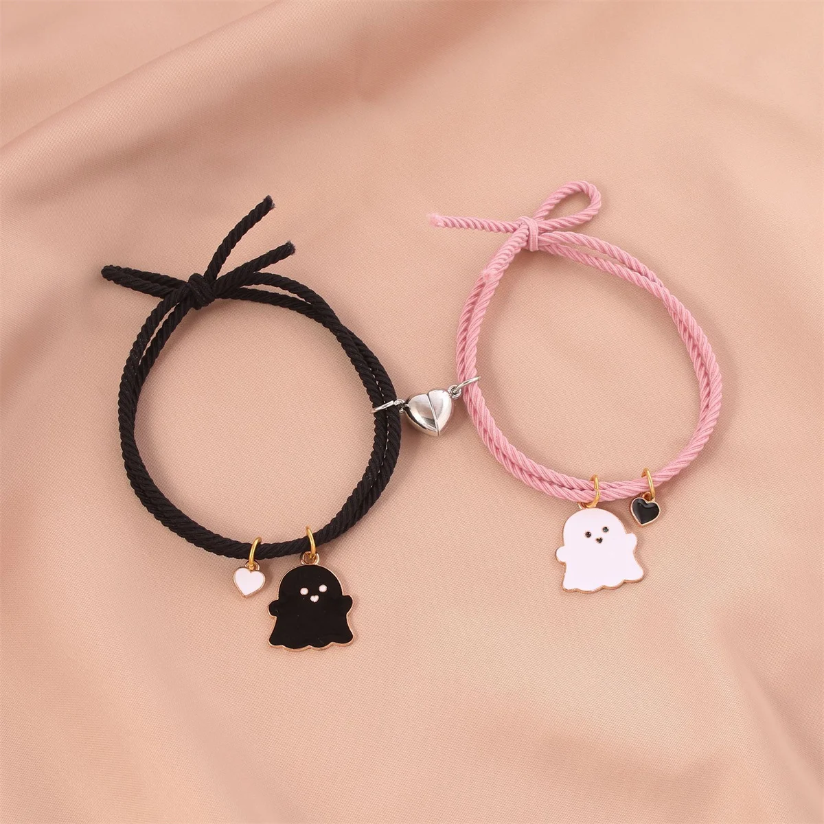 2Pcs/Set Cute Ghost Couples Bracelets For Women Men Love Heart Magnetic Attract Spider Cobweb Paired Bracelet Friendship Jewelry