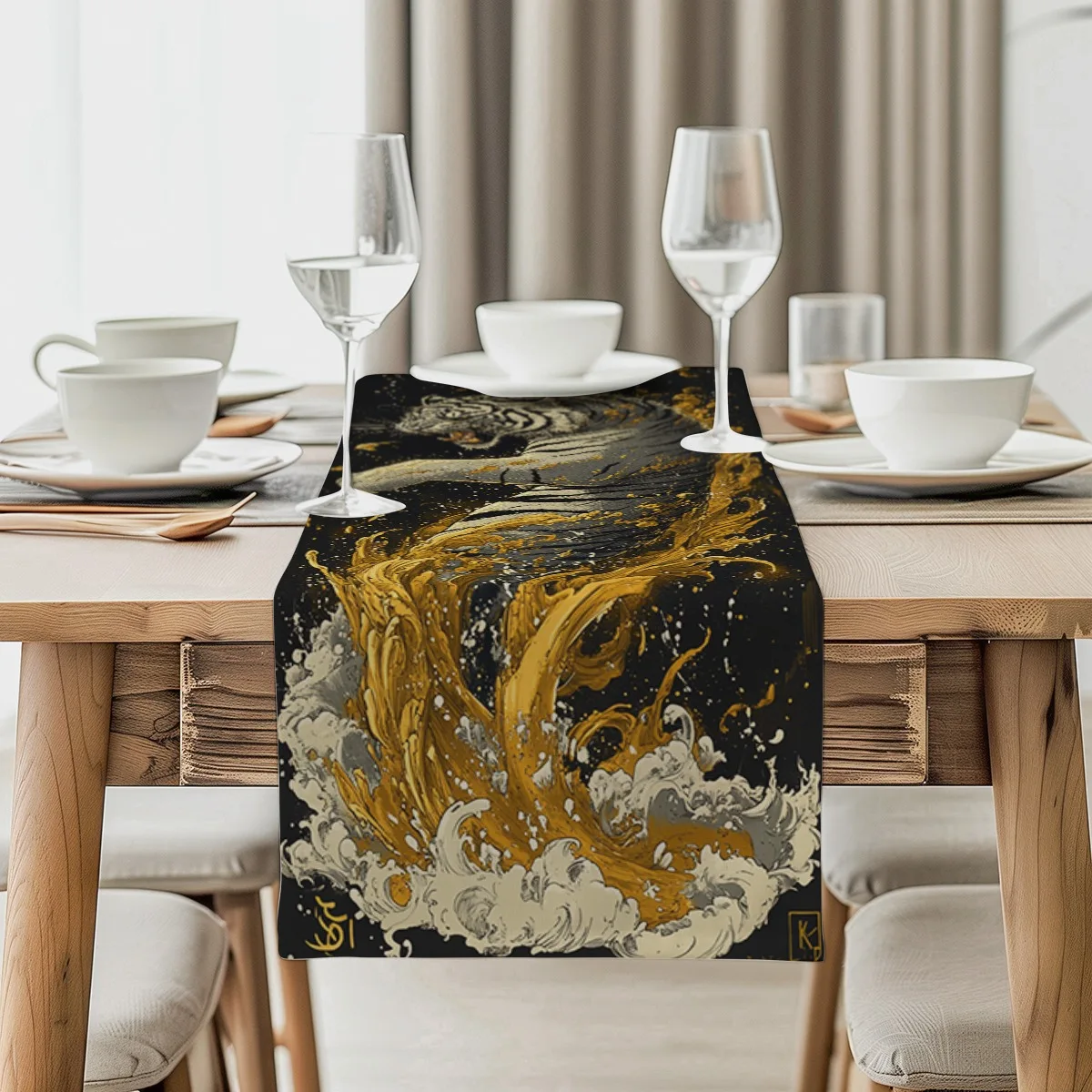 Camino de mesa decorativo Golden Tiger Splash estilo artístico mesa bandera mueble de TV, cocina restaurante, festival fiesta regalo cubierta larga