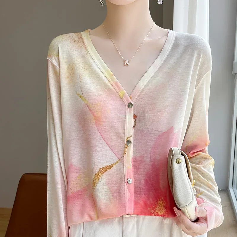 Primavera 2025 novo temperamento superior lã malhas com decote em v cardigan feminino verão camisa de fundo jacquard camisola casaco