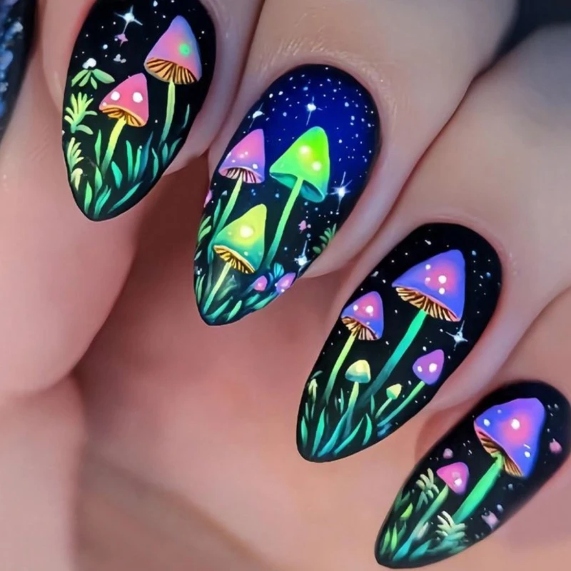 

Almond shaped black starry sky colored small mushroom pattern decoration detachable women's Fake Nails art decoration 24 pieces