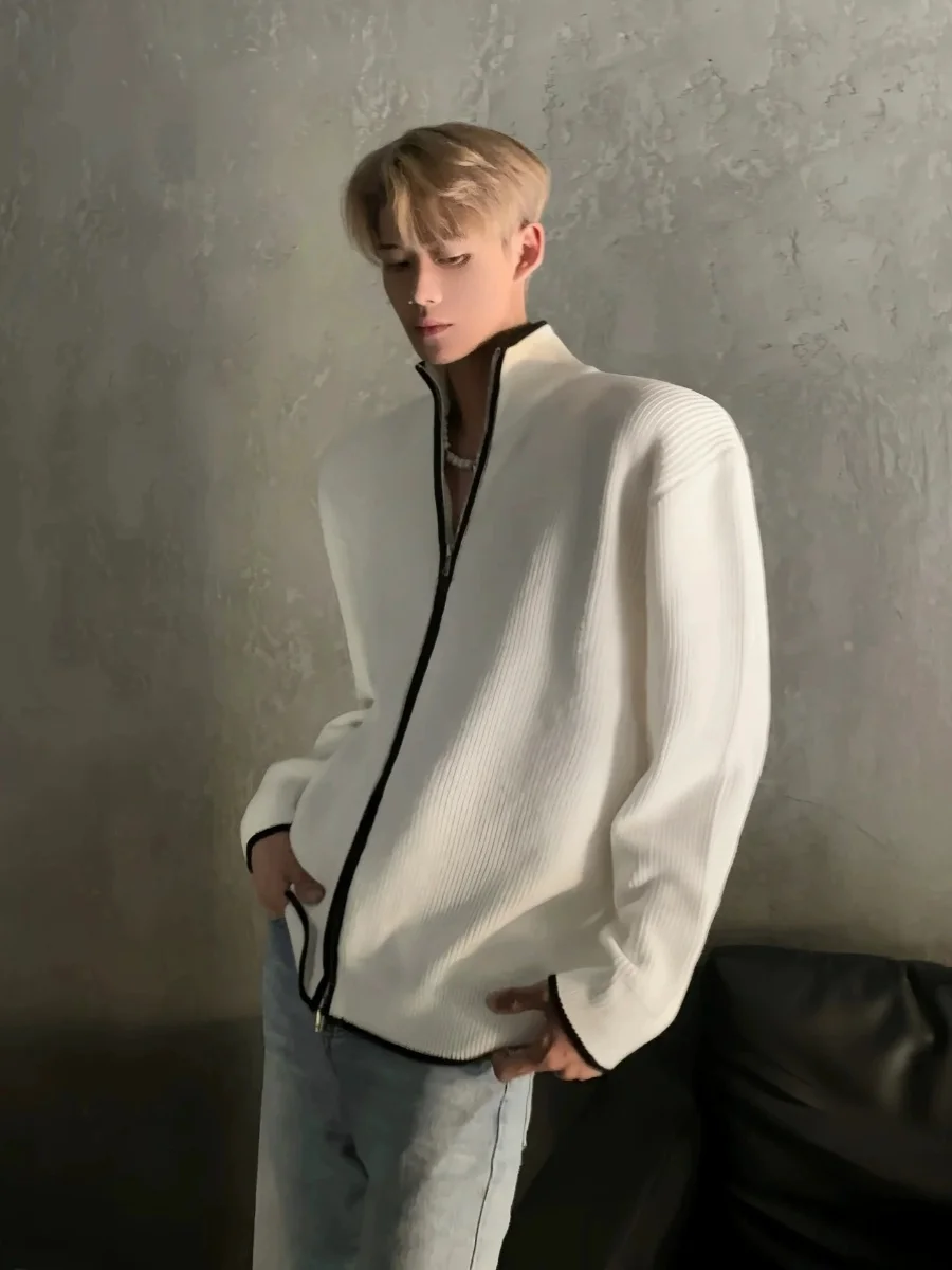 

Мужской кардиган Cleanfit на молнии, осенне-зимний, в японском ретро-стиле, модный, премиум-класса, с воротником-стойкой, вязаная верхняя одежда
