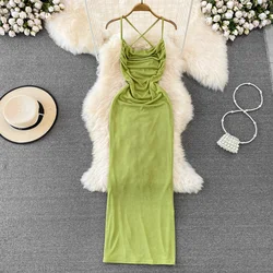 Foamlina Sexy Backless Summer Women Long Dress Elegant Spaghetti Strap Lace-up Hollow Out Stretch Bodycon Evening Party Dresses