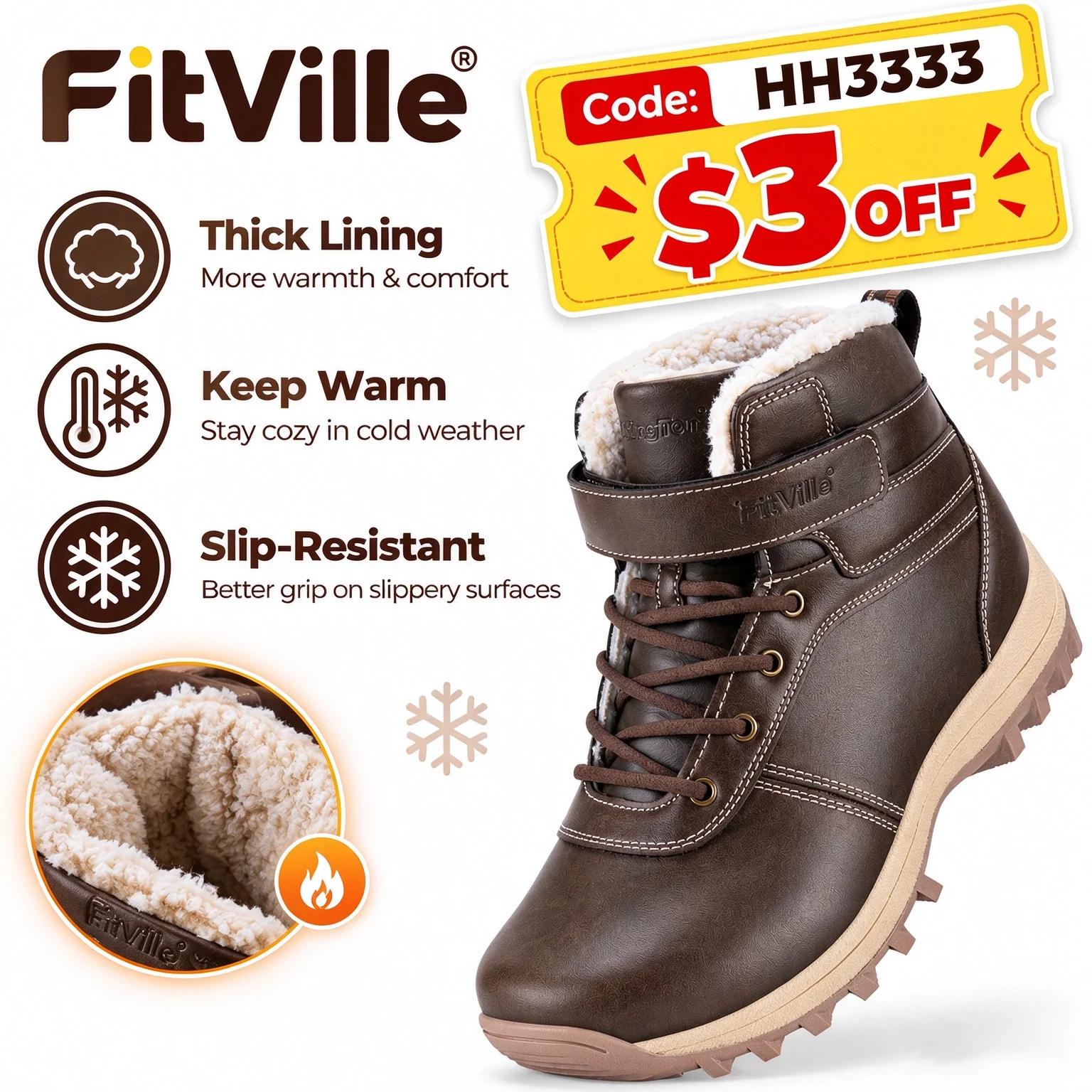 Botas de nieve para hombre Fitville, calzado de invierno cálido, botas de senderismo con forro polar, botas de invierno aisladas, antideslizantes y repelentes al agua.