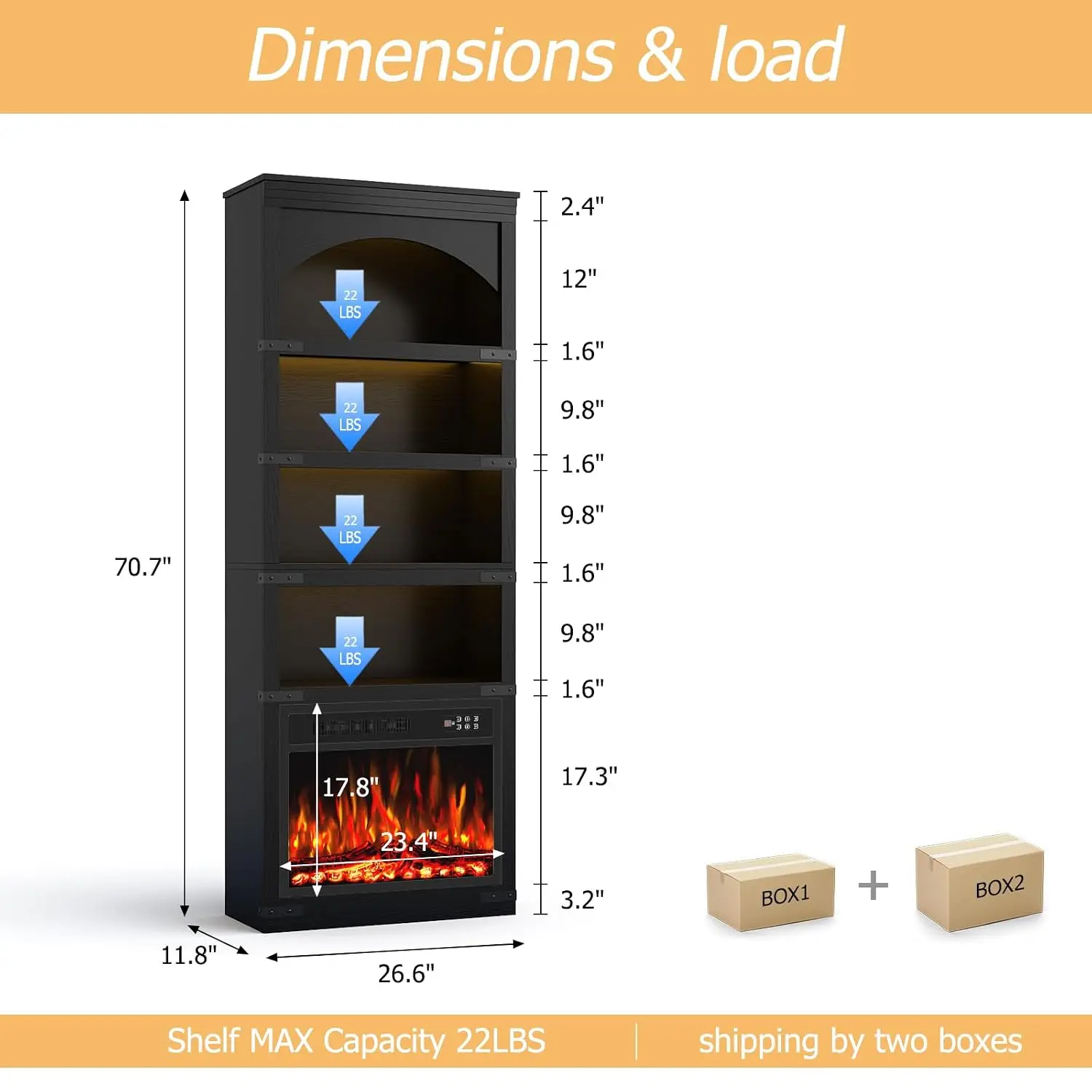 71 Inch Tall Bookshelf 4-Tier Floor Standing Bookcase With Fireplace Insert Arched Design Bookshelf With, Customized