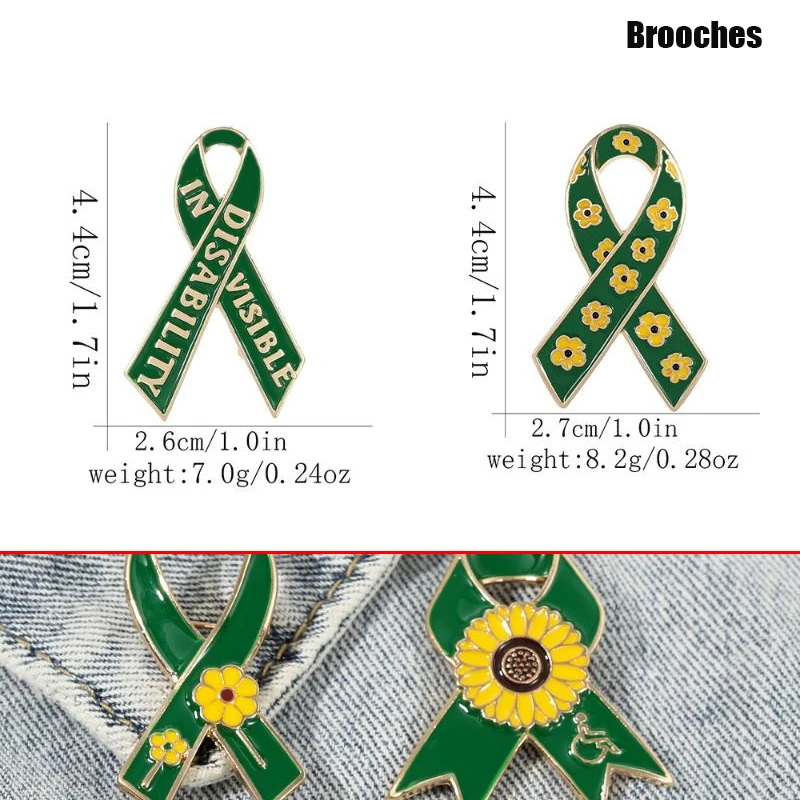 Sunflower Pattern Red Ribbon Theme Lapel Pins Green Disability In Visible Enamel Brooches For Disabled Person