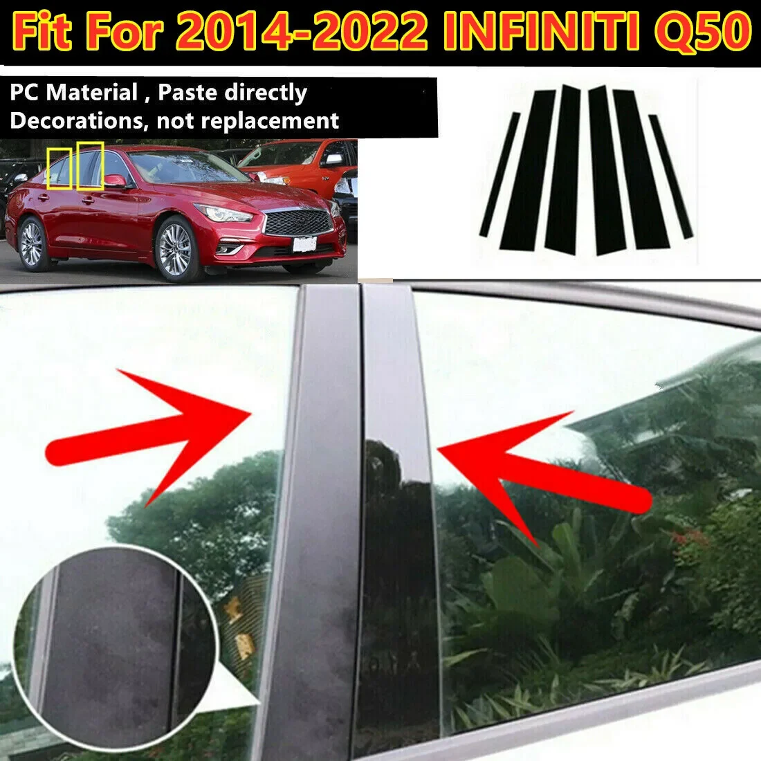 6Pcs Gloss Black Pillar Post Cover Door Trim Fit For 2014-2022 INFINITI Q50