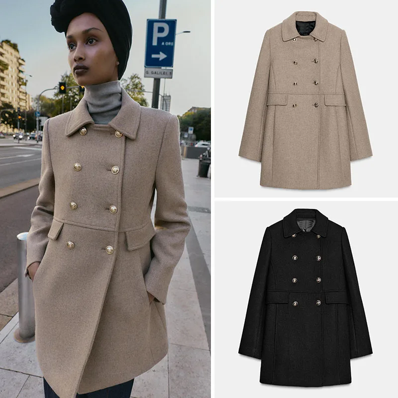 

New Arrival Autumn Women's Double-Breasted Short Coat Jacket Standard Fit Commute Style Long Sleeve Flip Collar Medium-Length