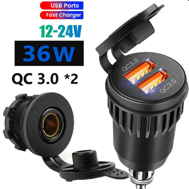 

12/24V Dual USB Port Car Charger Motorcycle 36W Charger Socket Waterproof Fast Quick Charge Adapter for Vehicle Boat Truck
