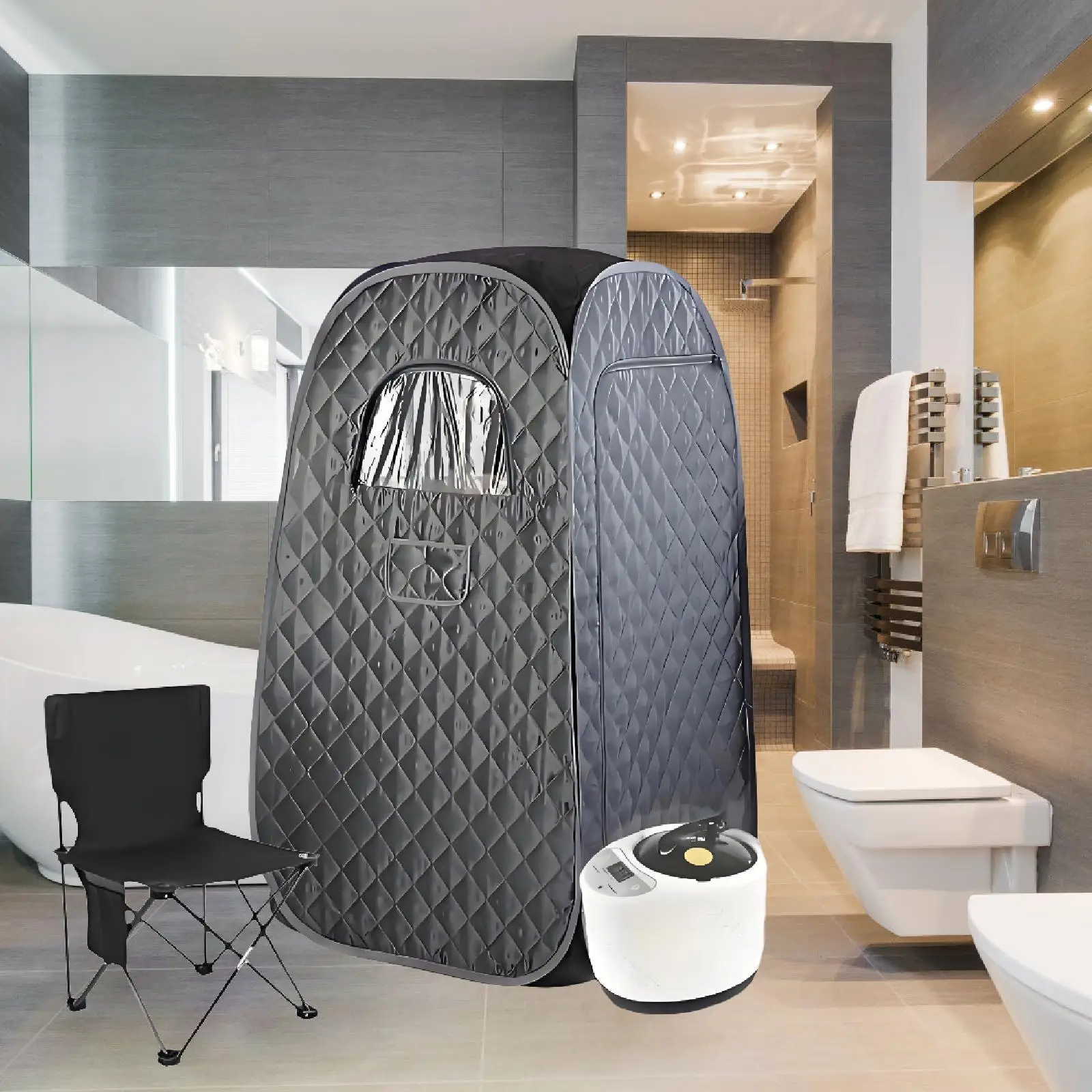 Black Oxford Portable Steam Sauna Kit with Fold Chair, Personal Home SPA Tent for Indoor Body Relax & Health Care