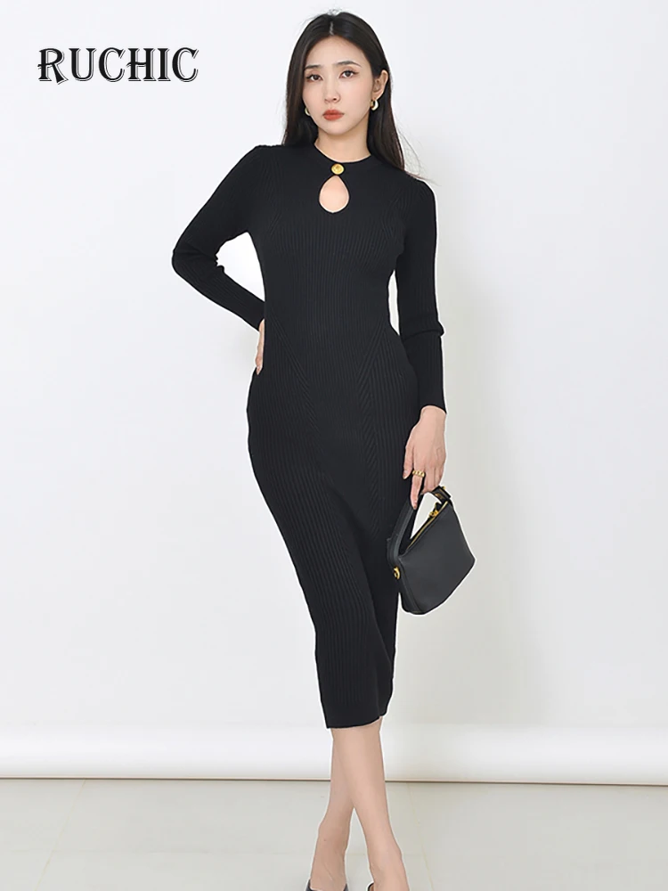 

2024 Autumn New Women's Fashion Knitted Dress O-neck Long Sleeve Hollow Out Zipper Medium Stretch Slim Elegant Dresses