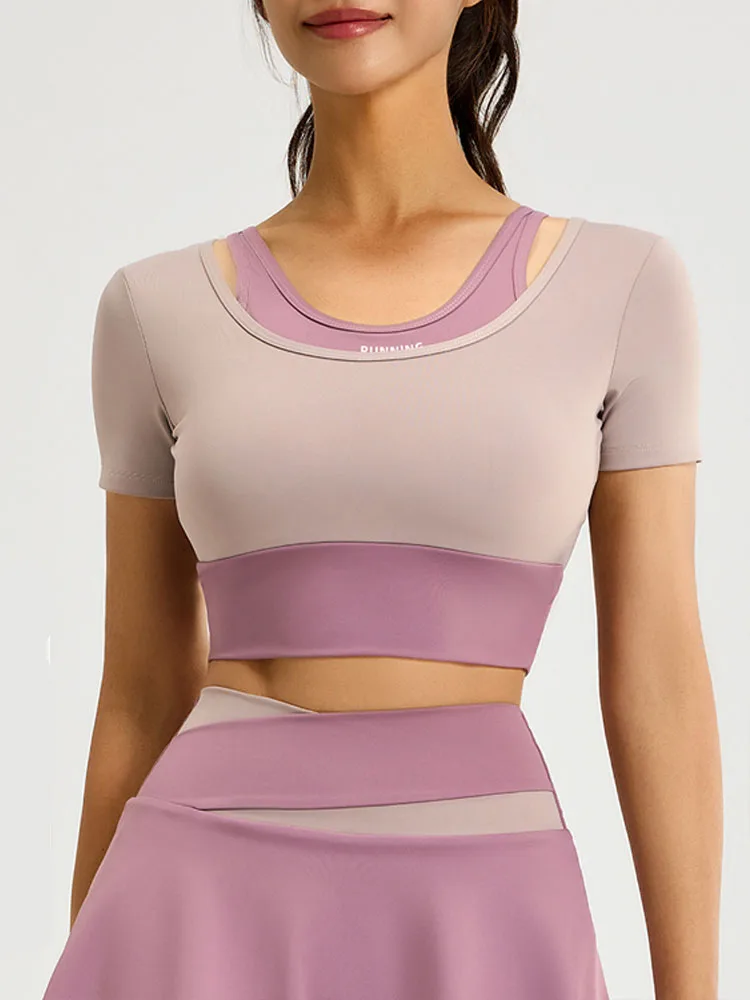 Women Short Sleeve Sports Bra Fixed Integrated Pads Workout Crop Top Yoga Athletic Gym Daily Training