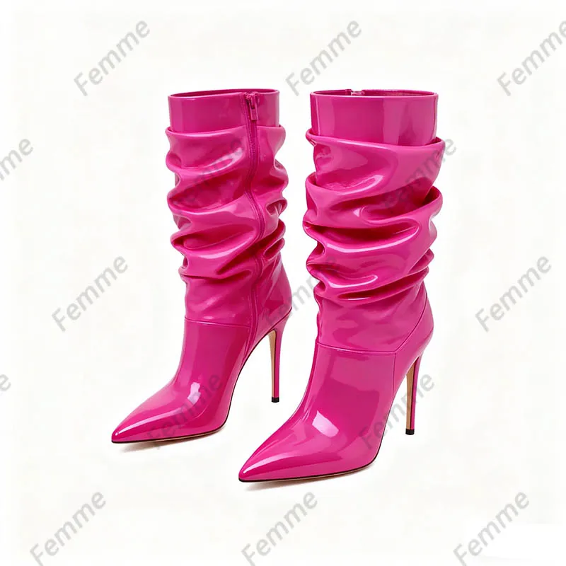 أحذية مترهلة مصنوعة يدويًا من الجلد اللامع باللون الوردي الساخن - أحذية كاحل مكشكشة بكعب ستيليتو للنساء، مقاس حفلة Y2K 35-47 #4