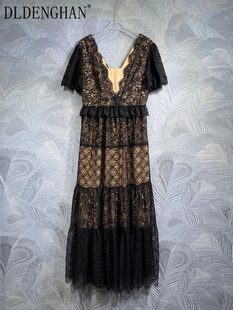 

DLDENGHAN Summer Black Lace Long Dress Women's V-Neck Short Sleeve Ruffles Hollow Out Elegant Party Dresses Fashion Designer New