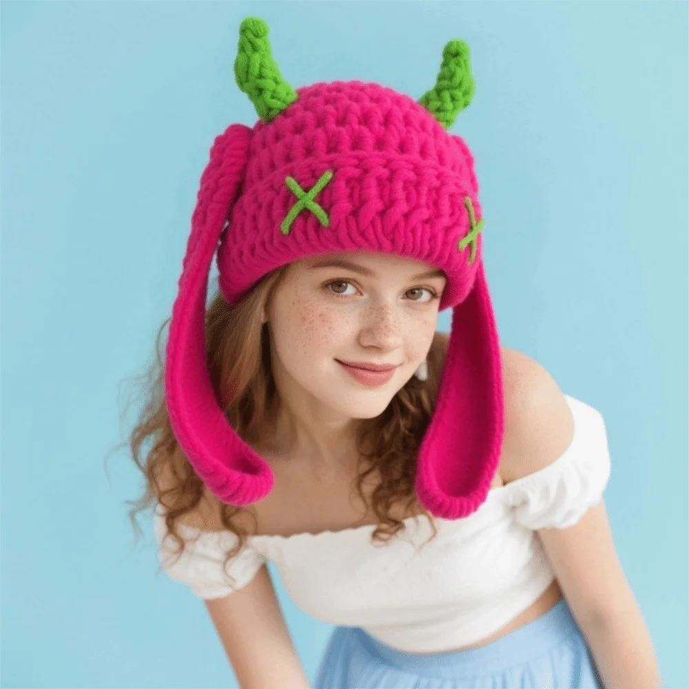 

Универсальные вязаные шапки Kawaii, теплая шапка-пуловер Y2K, зимняя шапка в готическом стиле в стиле панк, уличная зимняя дорожная шапка, кепка с длинными ушками