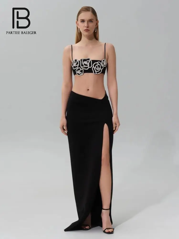 

PB High-Slit Black Maxi Skirt with Minimalist Rose Embroidered Crop Top – Sexy Two-Piece Evening Set for Women Party Outfit