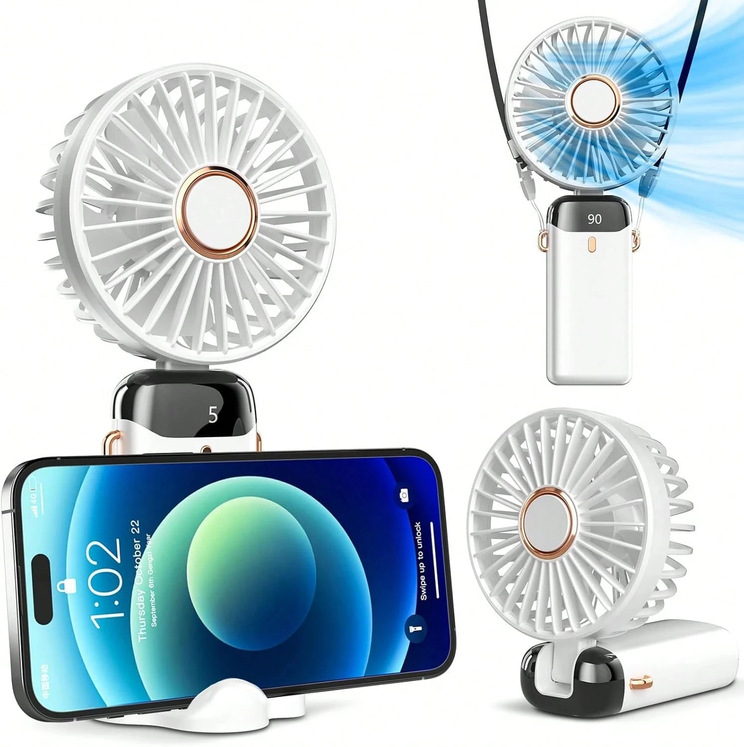 Portable Neck & Handheld & Desktop Fan with Digital Display, USB Rechargeable Battery, 5 Speeds, 90° Adjustable, Long-lasting op