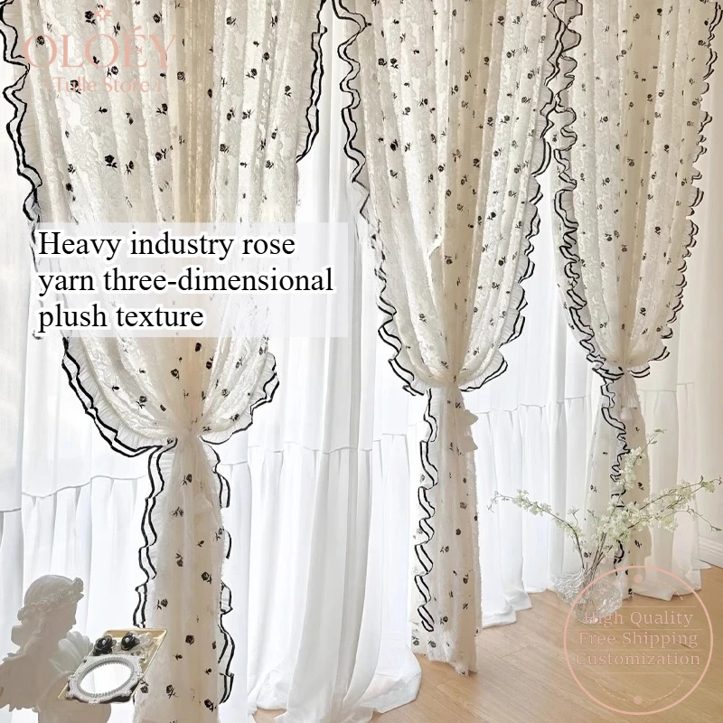 

French Lace Sheer Curtains for Living Room Bedroom Black Rose Pattern Partition Bay Window 3D Flower Luxury Elegant Gothic Drape