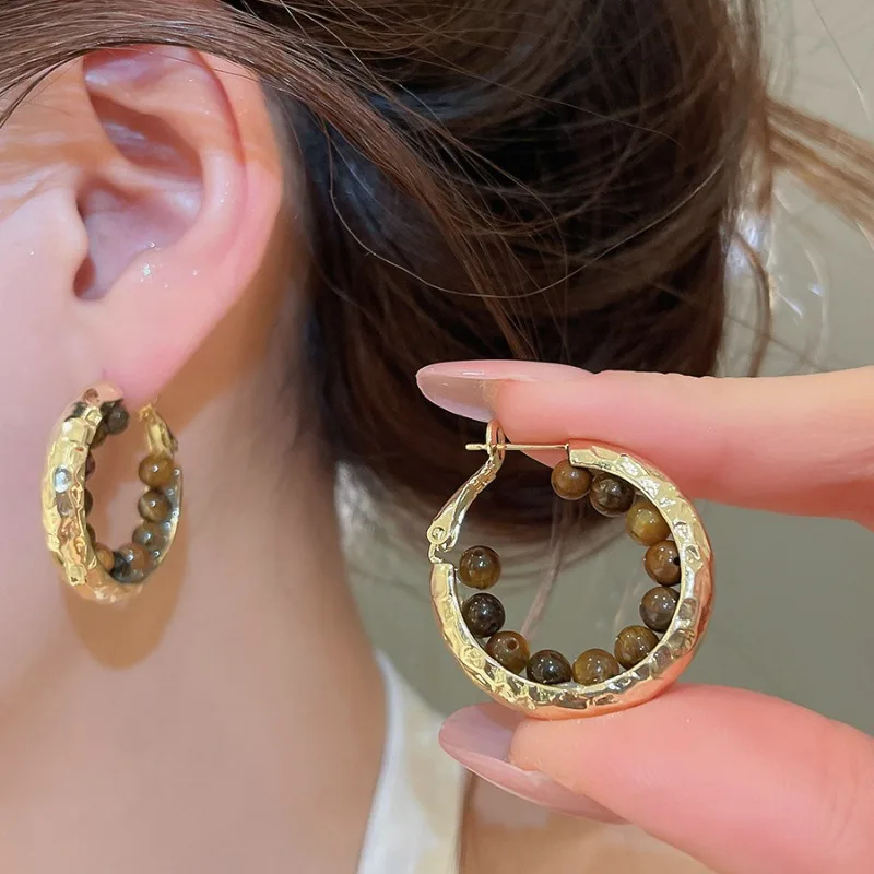 Minar Textured Natural Stone Tiger Eyes Drape Round Hollow Hoop Earrings for Women Gold Plated Metal Casual Holiday Jewelry