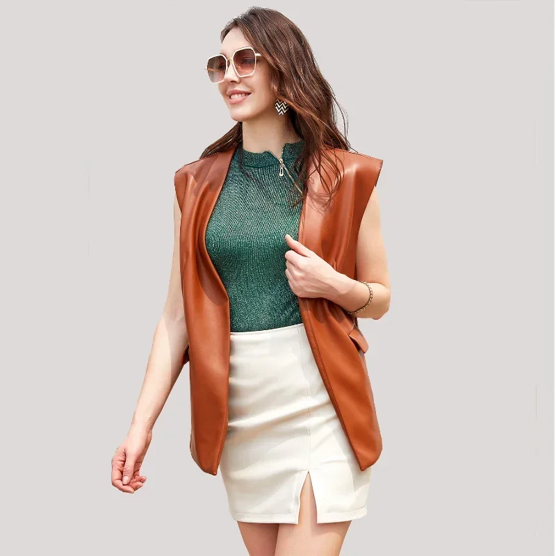 BTQWFD Women\'s Vest Faux Leather Sleeveless Jackets Loose Motorcycles Biker Female Tops 2024 Spring New Korean Fashion Clothing