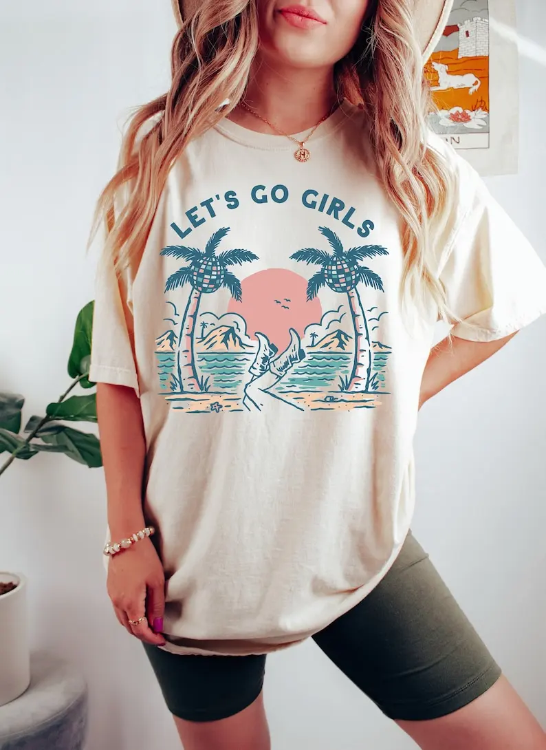 

Let's Go Girls,Girls Vacation Shirt Matching Cowgirls Shirts,Girls Trip Girls Gang Funny Vacay Mode Short Sleeve Top Tees O Neck