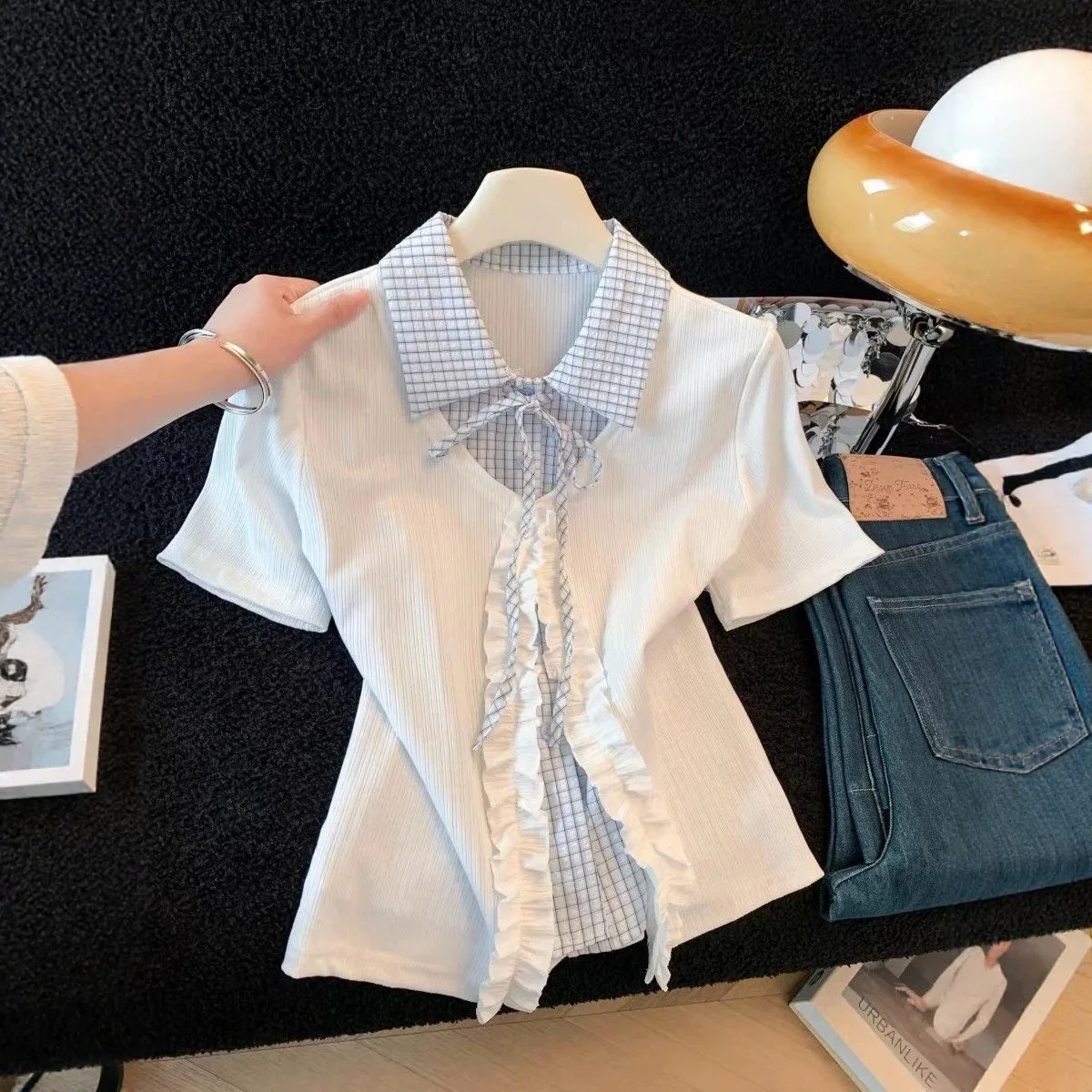 Summer Women's New College Style Waist-cinching Fitted Two-piece Tie-spliced Gingham Collar Short-sleeve Top