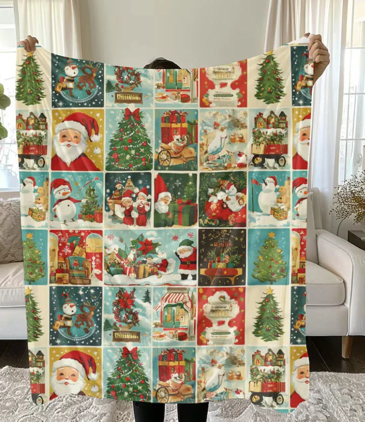 Vintage Christmas Sherpa Blanket Vintage Santa Blanket Nostalgic Christmas White Christmas Blanket Christmas Gift Mom Wife Gift