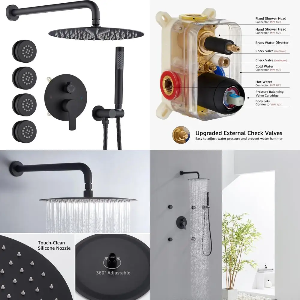 

Round Black Rain Shower System with 4 Body Jets, 3-Function Faucet Set, Includes 12-Inch Shower Head and Handheld Attachments