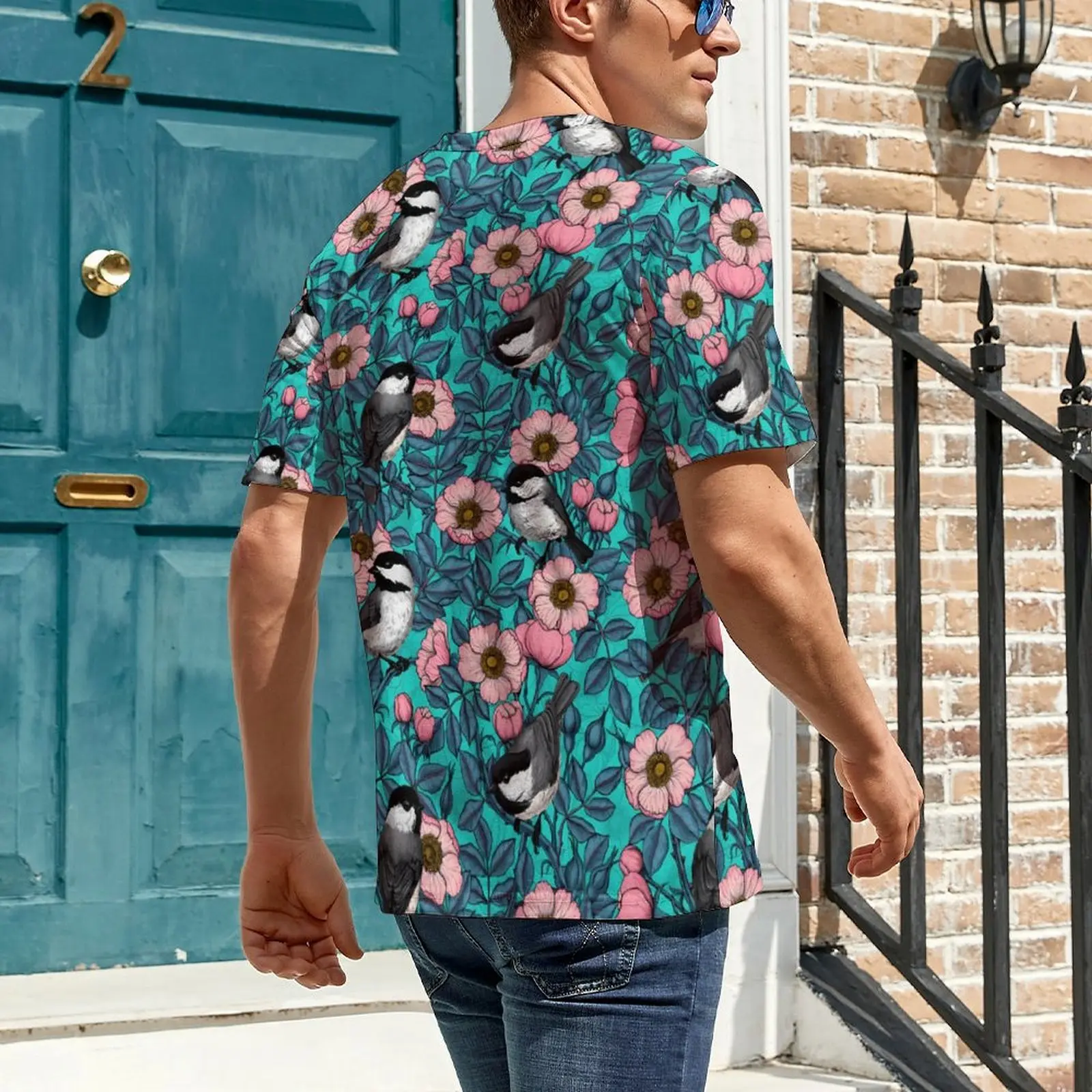 Birds Flower Print T Shirt For Men Pink And Blue Rose O Neck T-Shirts Beach Hippie Clothing Short-Sleeve Basic Oversize Tees