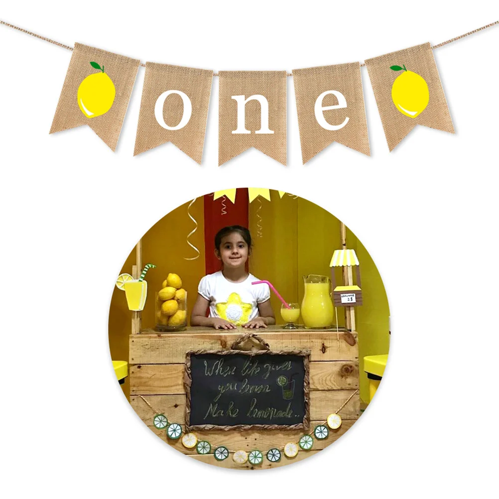 

Burlap Banner Summer Themed First Birthday Decoration Party Bunting Hanging Garland Lemon Design Wall Window Door