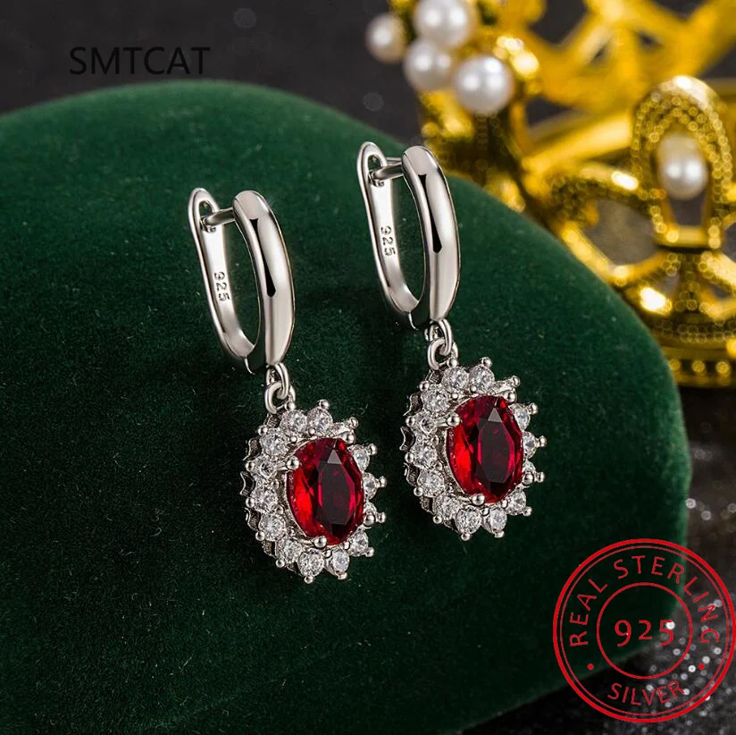 Princess Diana Created Red Genuine Natural Garnet 925 Sterling Silver Drop Earring for Women Fashion Statement Gemstone Jewelry