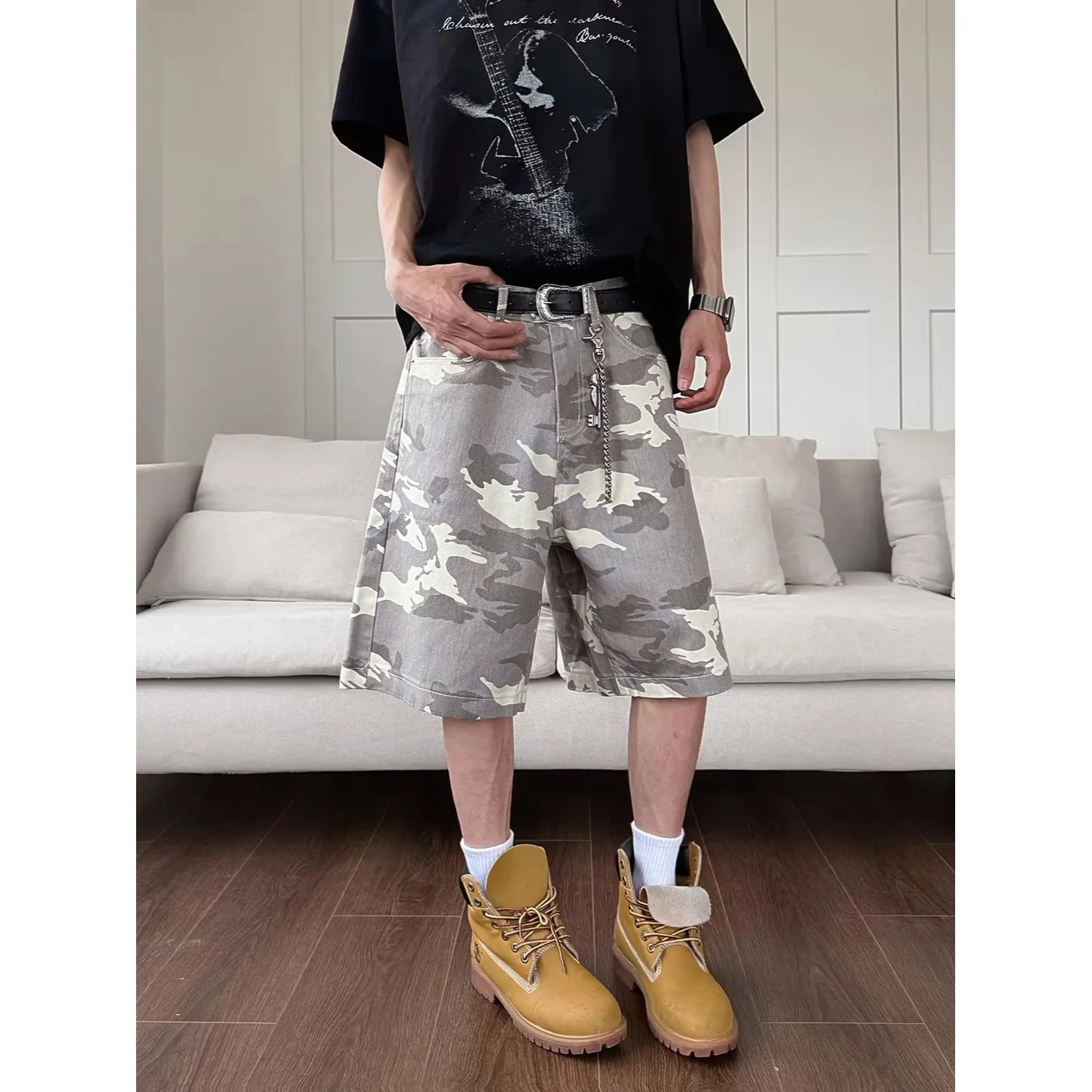 New Summer Gray-white Camouflage Five-point Denim American Shorts, Men's Loose Wide-leg Casual Versatile Street Style