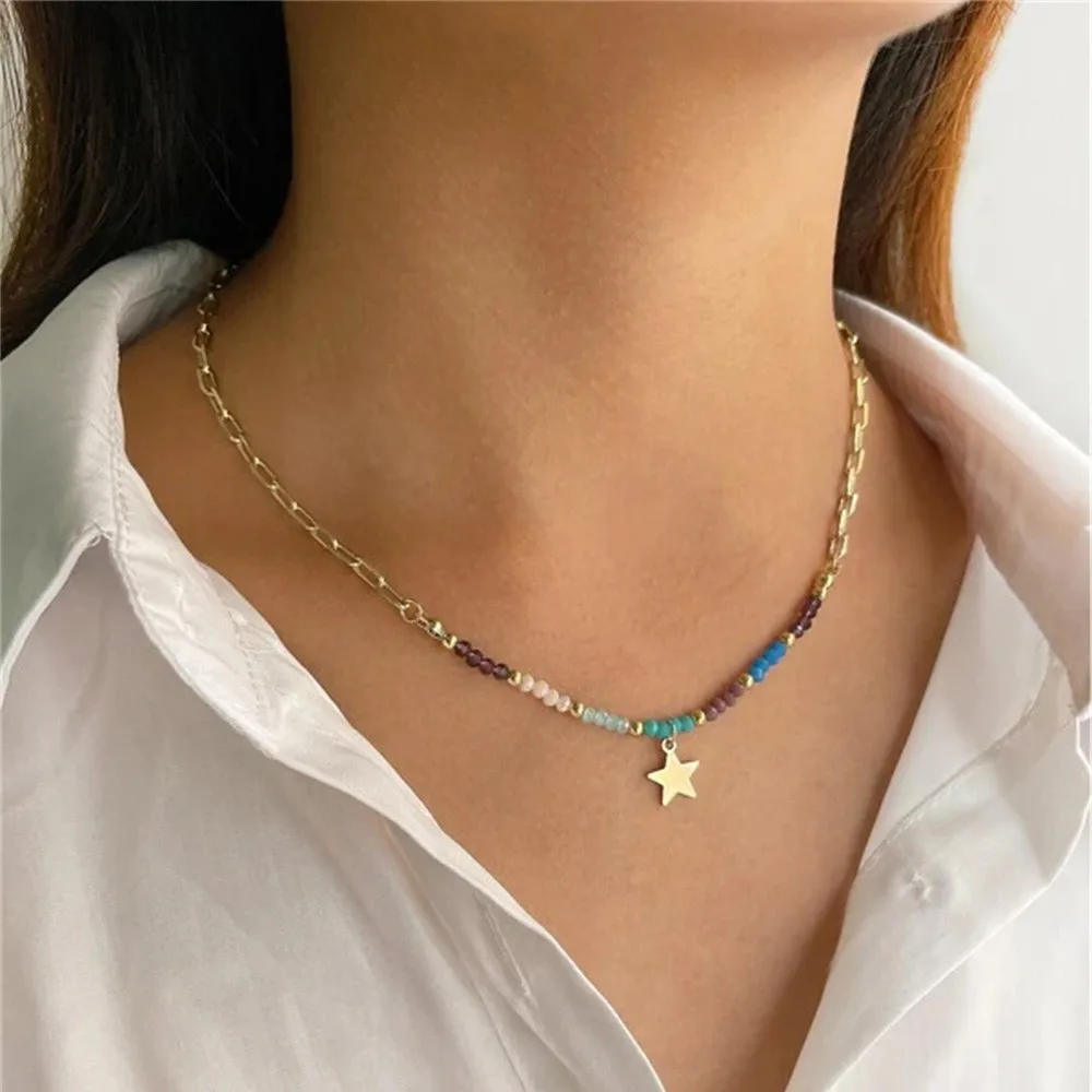 Vintage Fashion Gold-plate Punk Color Bead Chain Star Pendant Necklace For Women Female Boho Choker Jewelry Girl Gift Wholesale